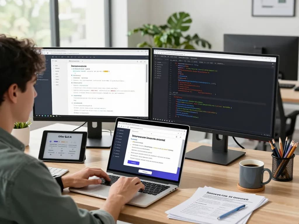 Professional workspace showing a developer using the ai interview assistant to prepare for job interviews.