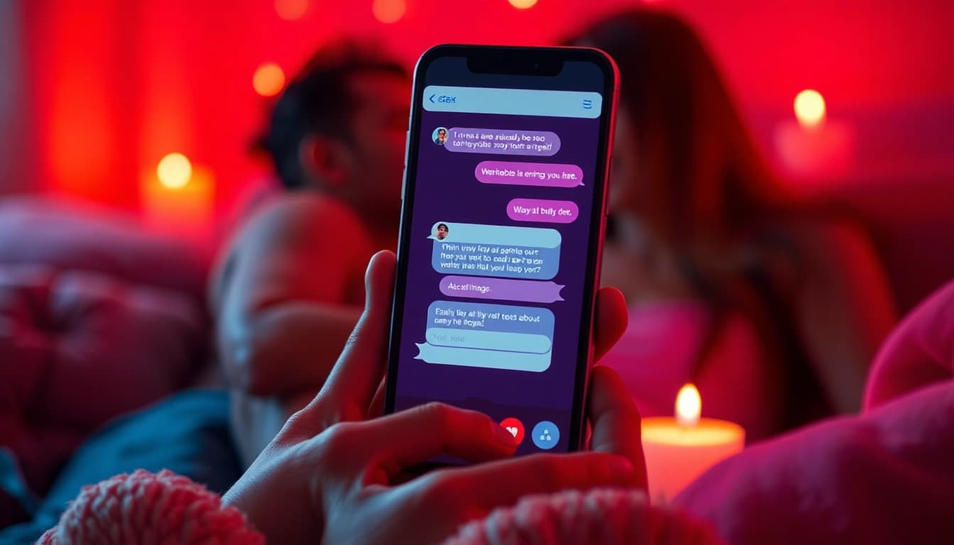 Engaging AI sex chat experience on a virtual device screen in a romantic setting.