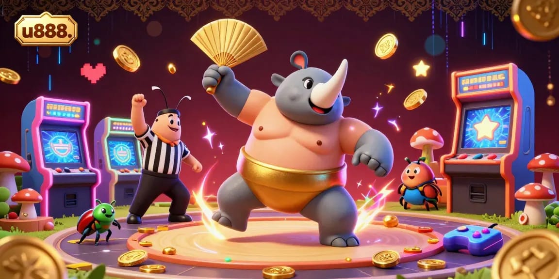 Bet on exciting games at u888. with a vibrant illustration featuring a sumo champion and gaming action.