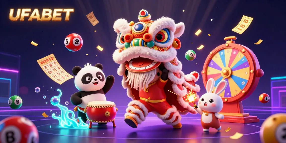 Experience the vibrant energy of UFABET's 3D illustration showcasing lion dance, lottery excitement, and festive gambling elements.