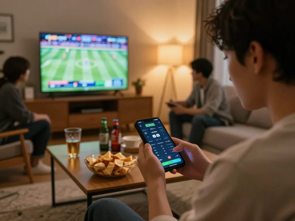 Engaged user placing bets on FO88 sports app during home viewing party.