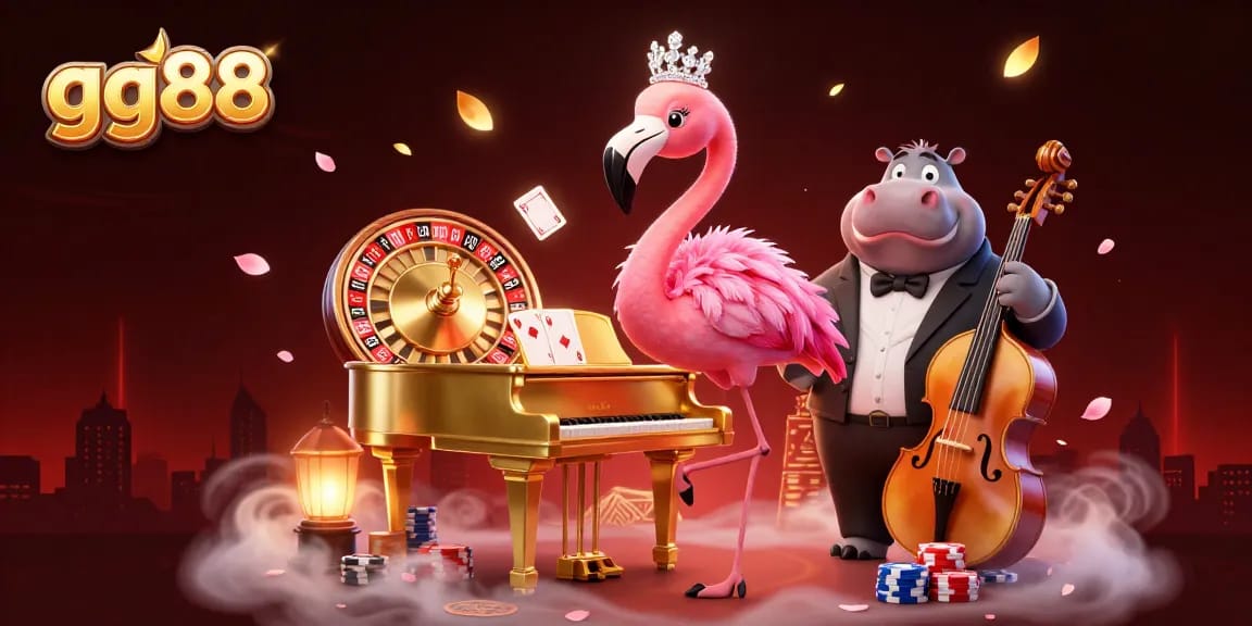 Experience gg88's vibrant live casino atmosphere with dynamic characters, roulette, and colorful chips.