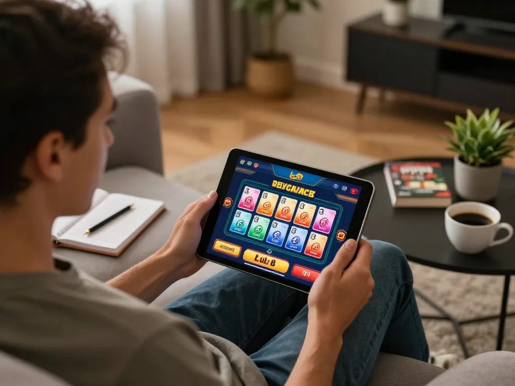 Player enjoying online gambling experience with luck8 on tablet in cozy home setting
