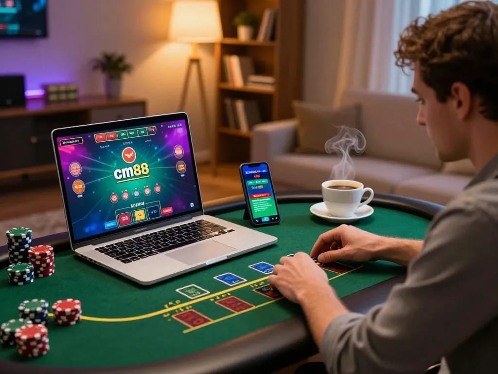 Engaged player using the cm88 platform for an exciting online blackjack game at home, cozy atmosphere.