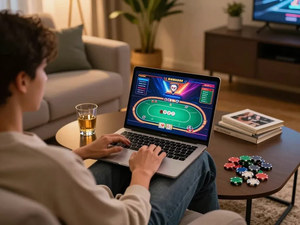Person enjoying online poker at home on their laptop, showcasing 678vip gaming experience.