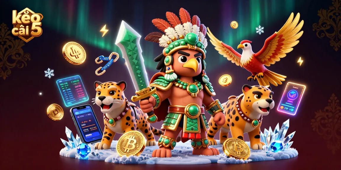 Experience thrilling bets with kèo nhà cái 5 through vibrant Aztec warriors and crypto elements.