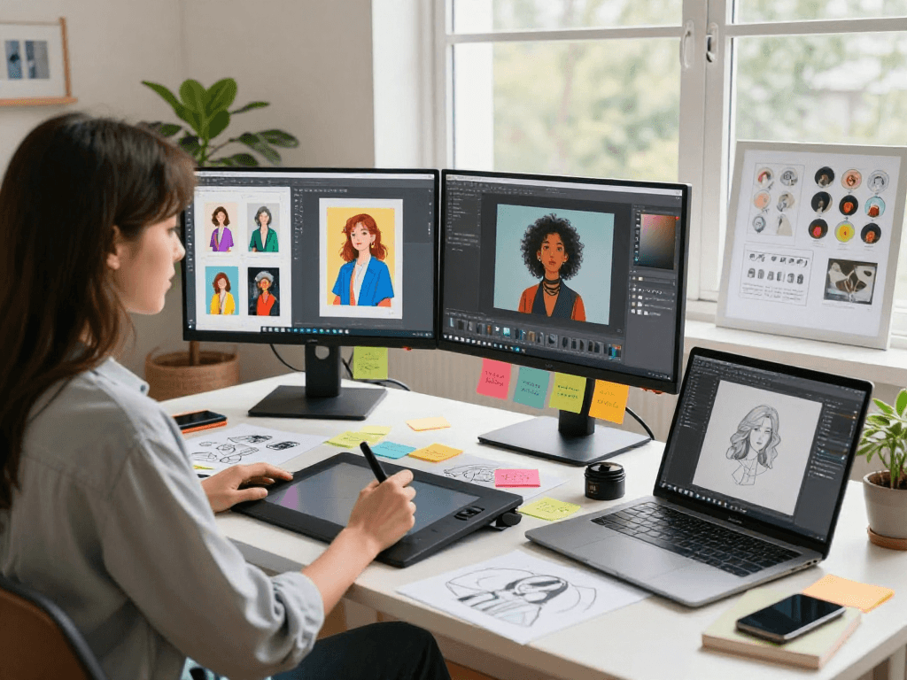Creative digital workspace showcasing ai nsfw content creation with designer at dual monitors and digital tools.