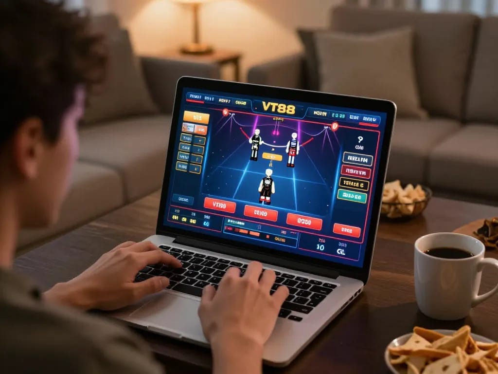 Player engaging with VT88 COM online casino game on laptop in a cozy home setting.