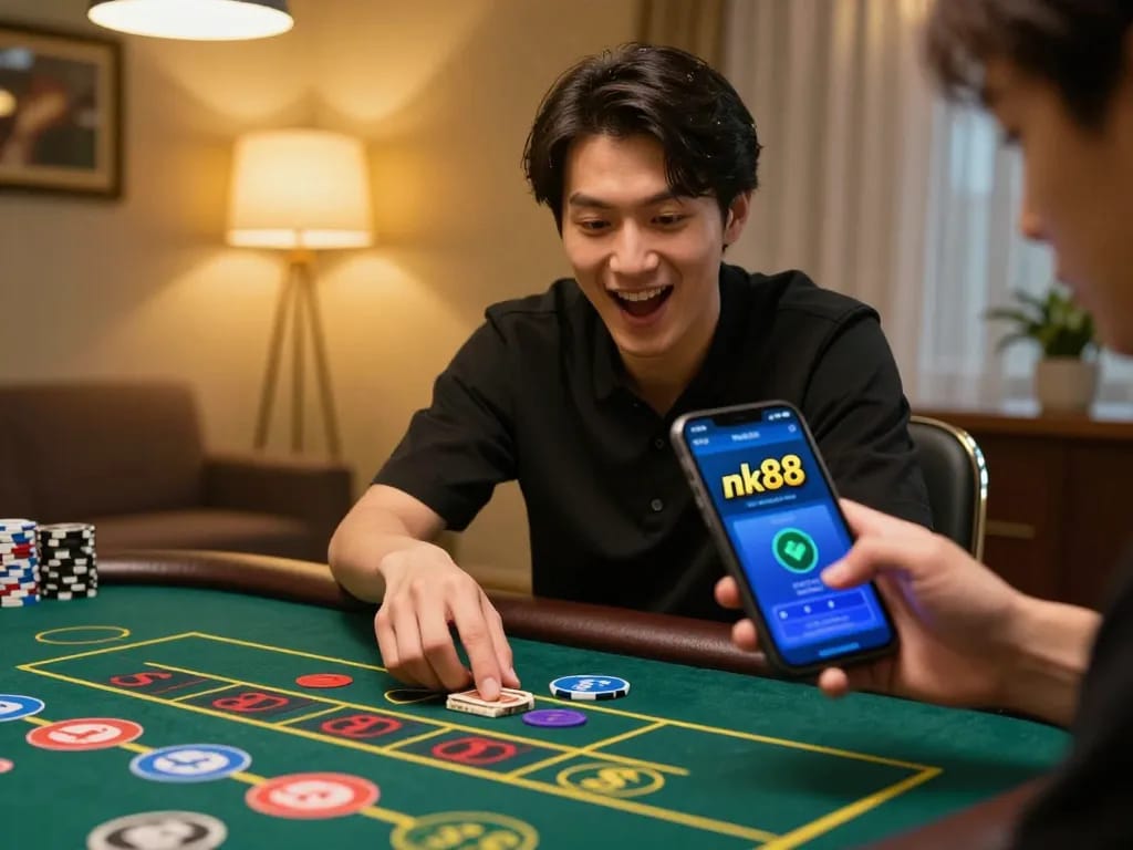 Engaging in a live dealer game on nk88 through smartphone app, showing excitement and strategic thinking.