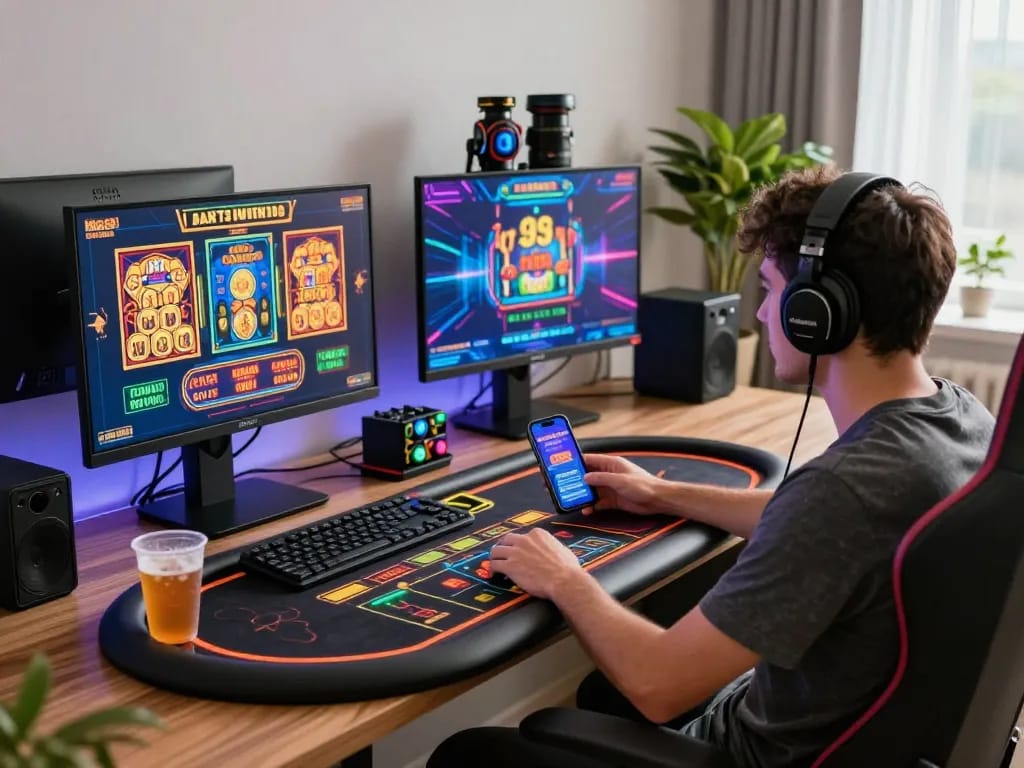 Player engaging with 88aa's online casino games at a stylish home setup, showcasing vibrant atmosphere and gaming accessories.