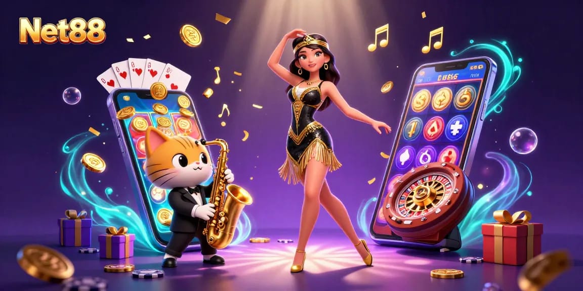 Experience Net88's vibrant casino world with dancing characters and dynamic gaming elements.