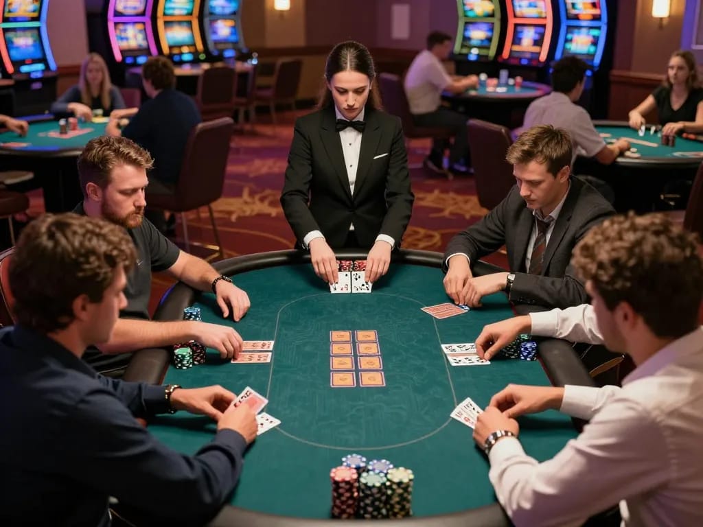 uu88 poker players engaged in a competitive game, showcasing strategy and excitement in a casino setting.