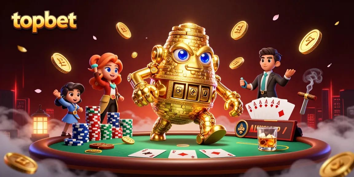 Engage with topbet's vibrant golden golem in a lively casino scenario, showcasing thrilling poker elements.