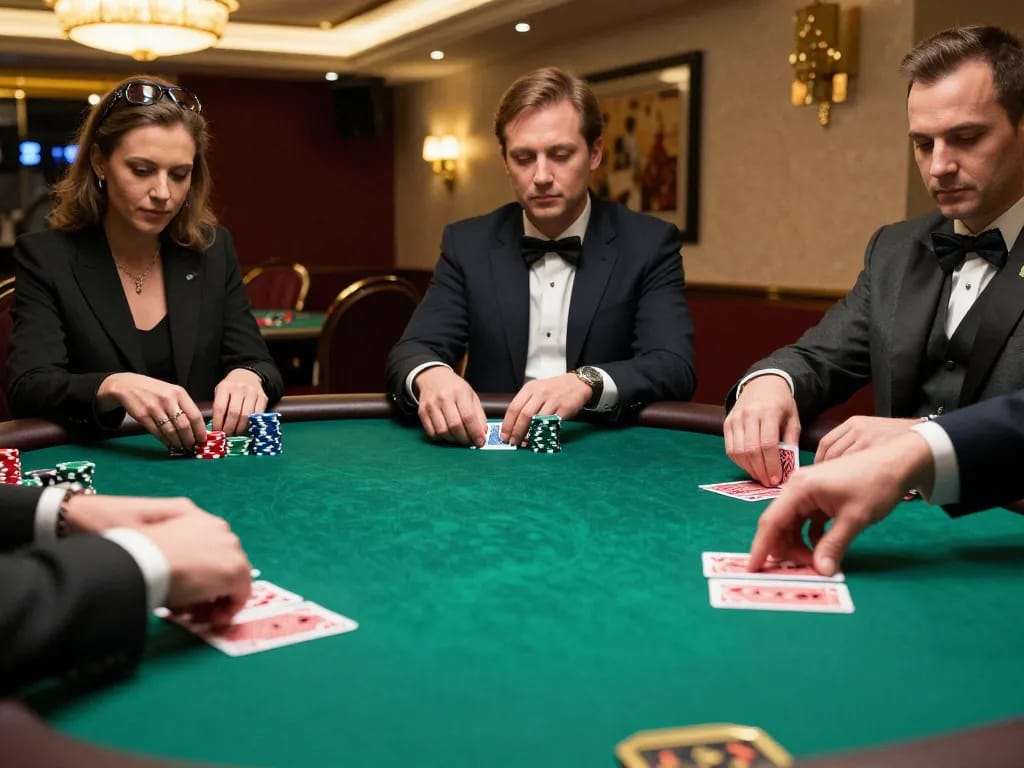 Experience the excitement of poker at KK55 COM with players strategizing at a green felt table.
