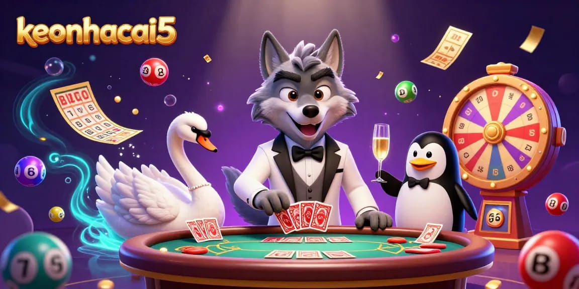 Experience keonhacai5 at a baccarat table with vibrant casino elements in this fun 3D illustration.