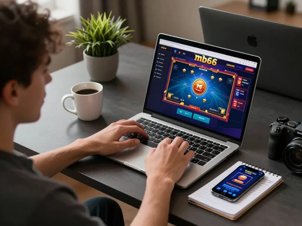 Engaging online gaming session at mb66 casino with strategic notes and coffee