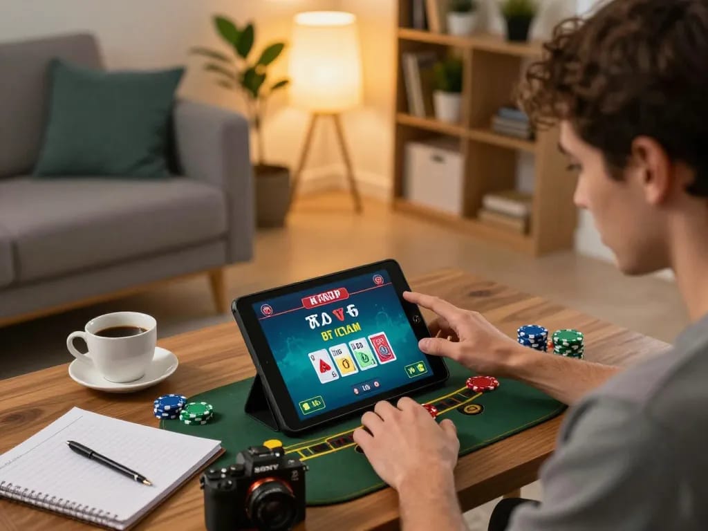 Player engaging with cm88 live dealer blackjack on tablet in a cozy home setting.