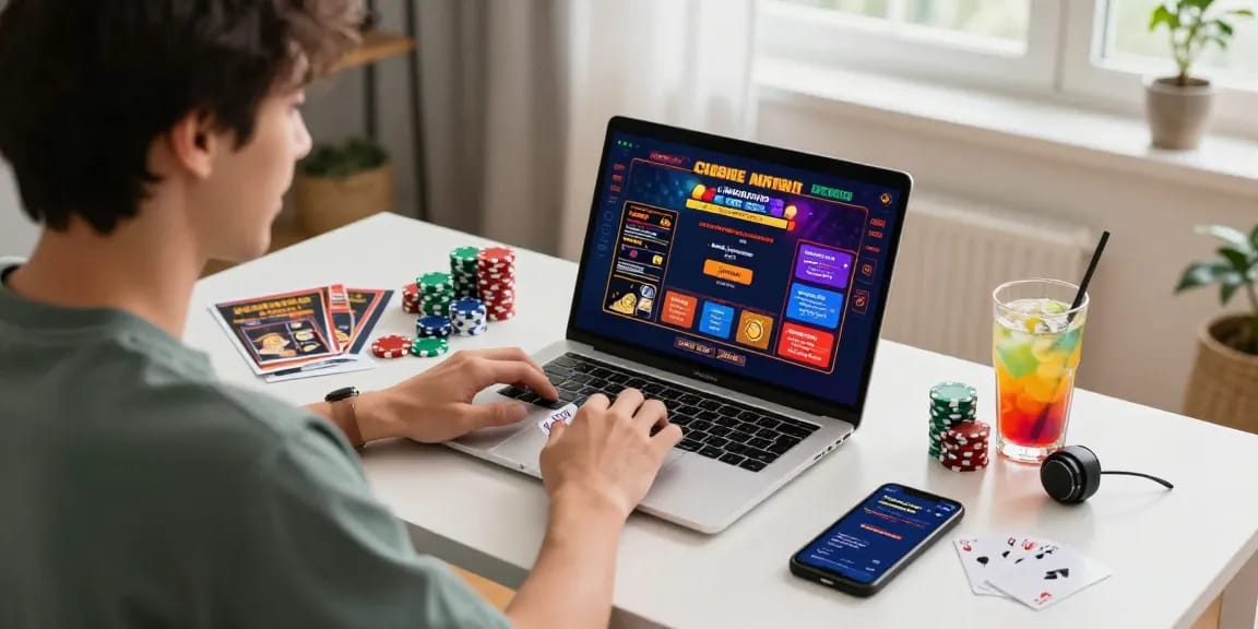 Engaged player exploring credit card casinos on a laptop surrounded by gaming accessories and colorful decor.