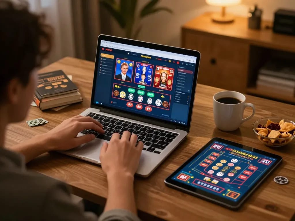 Player enjoying online games at rikvip86 from a cozy home setup with a strategy notebook.