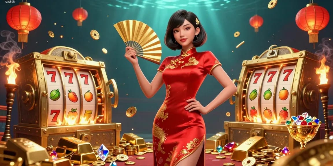 Experience the excitement of rokok88 with vibrant 3D digital casino illustration featuring slot reels and treasures.