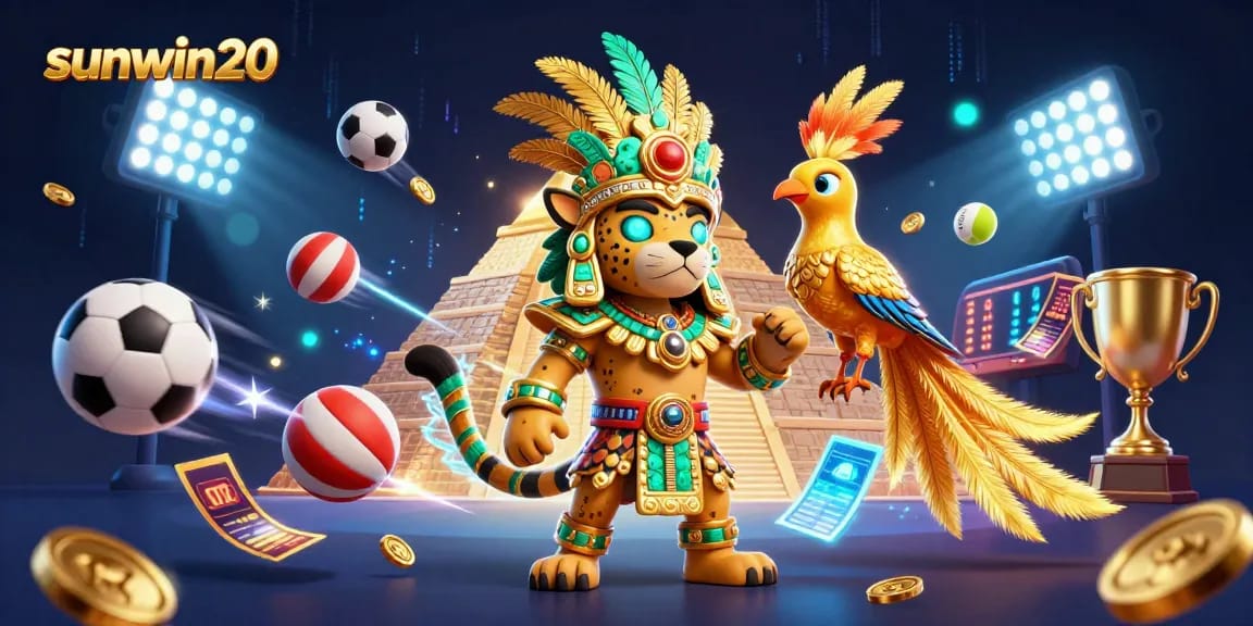 Bet on winning strategies with sunwin20, featuring Mayan jaguar priest and sports elements.