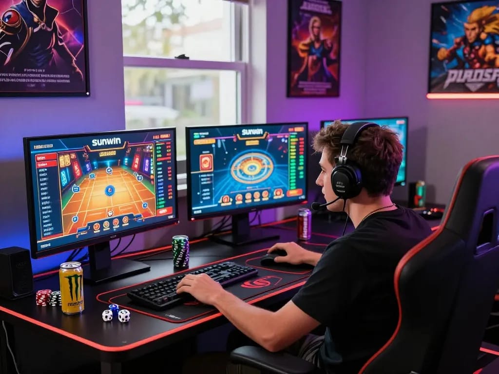 Engaged player enjoying thrilling games on Sunwin's vibrant online gaming platform with accessories and digital screens.