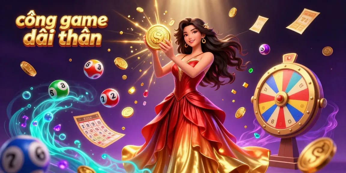 Engage with cổng game đổi thưởng featuring a glamorous Asian woman with a golden coin amidst colorful game elements.