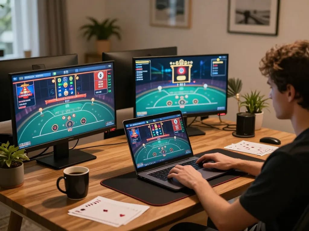 Player engaging in online gambling through ko66 platform on a stylish laptop at home