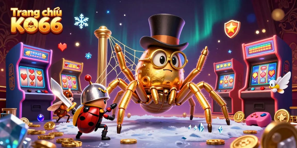 Experience the wealth at Trang chủ KO66 with a dynamic scene of a golden tarantula and beetle knight in a casino setting.