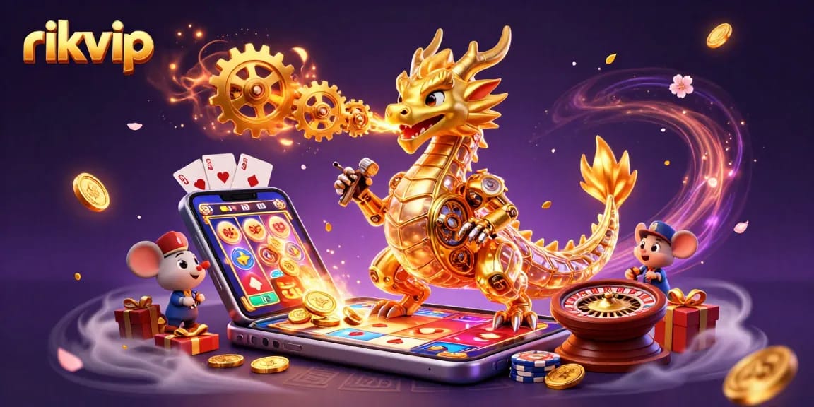 rikvip engages in thrilling casino action with a golden dragon and slot games