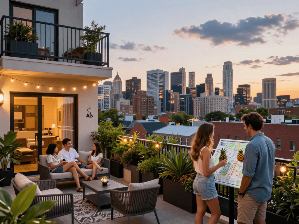How much does an Airbnb host make in the UK? Stylish two-bedroom flat with a family enjoying the balcony view over a city skyline.