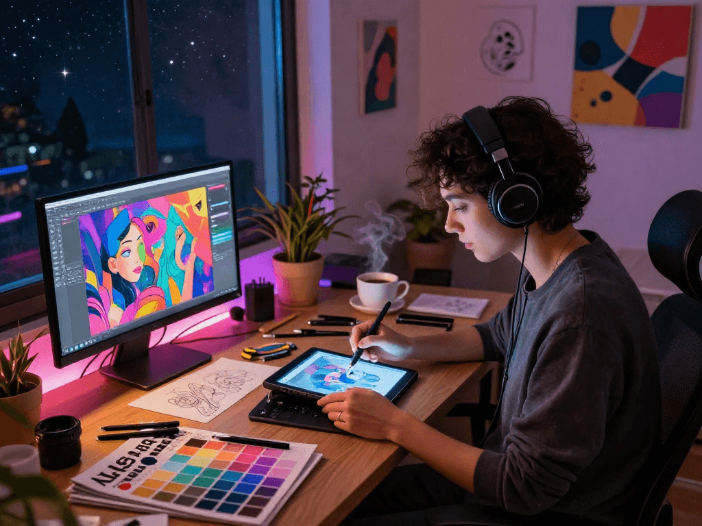 AI NSFW visual artist creating innovative designs in a cozy studio