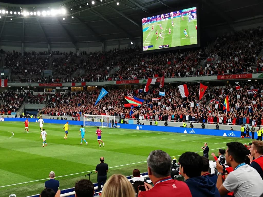 Exciting football match scene showing trực tiếp bóng đá hôm nay with cheering fans and players in action.