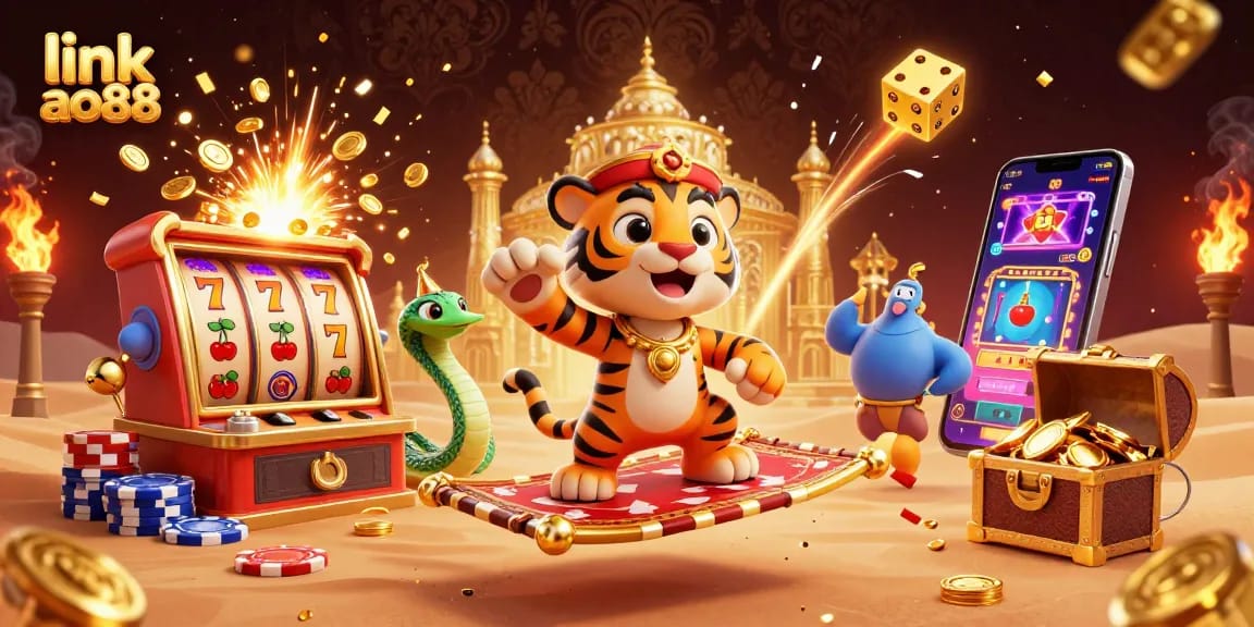 Spin the reels at link ao88 with a vibrant casino scene featuring a tiger sultan and jackpot explosions.