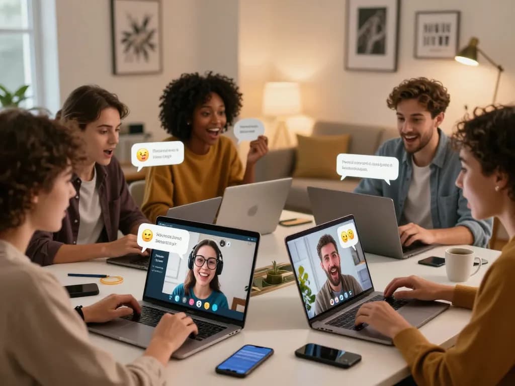 Engaging spicy chat scene with diverse people enjoying lively online conversations, modern home setup.