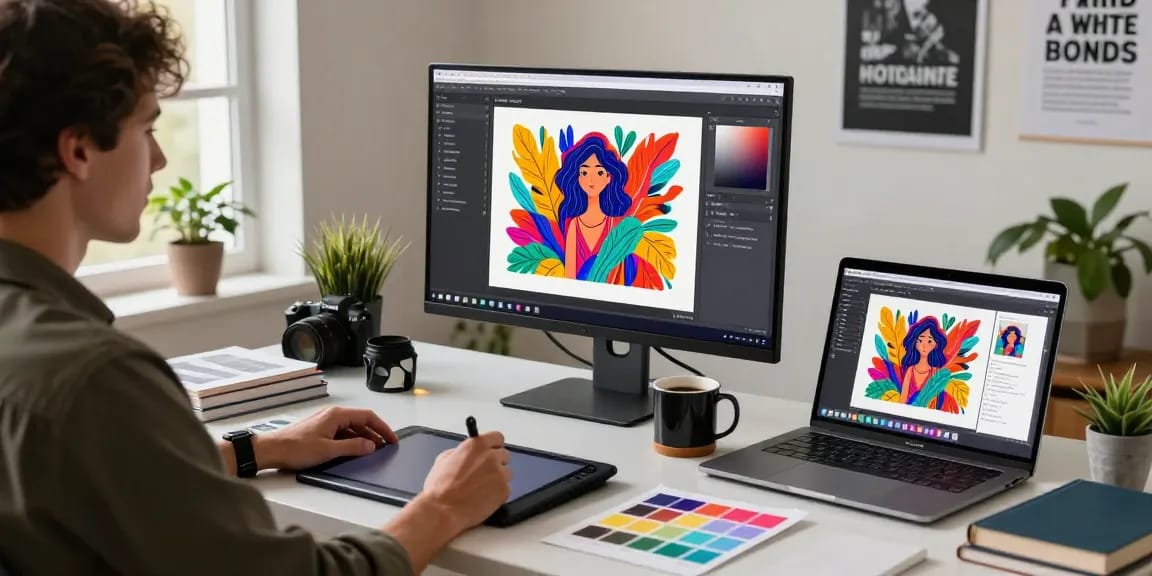 Creative workspace showcasing the image to prompt generator in action with design tools and vibrant AI art.