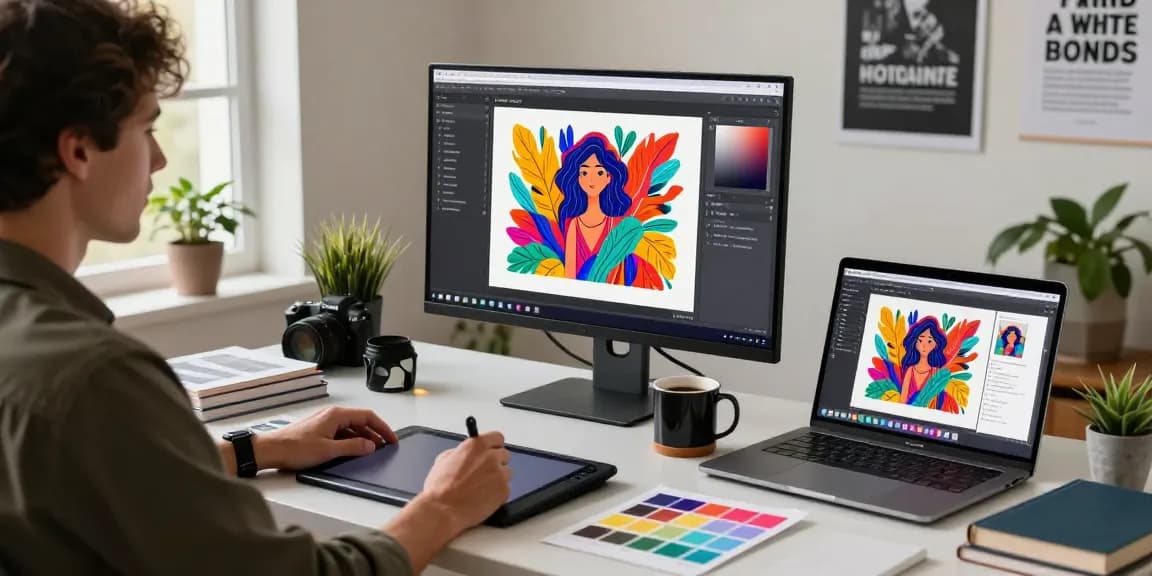 Creative workspace showcasing the image to prompt generator in action with design tools and vibrant AI art.