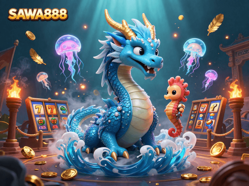 Engage in thrilling gameplay at SAWA888, featuring vibrant slot reels and dynamic underwater adventure.