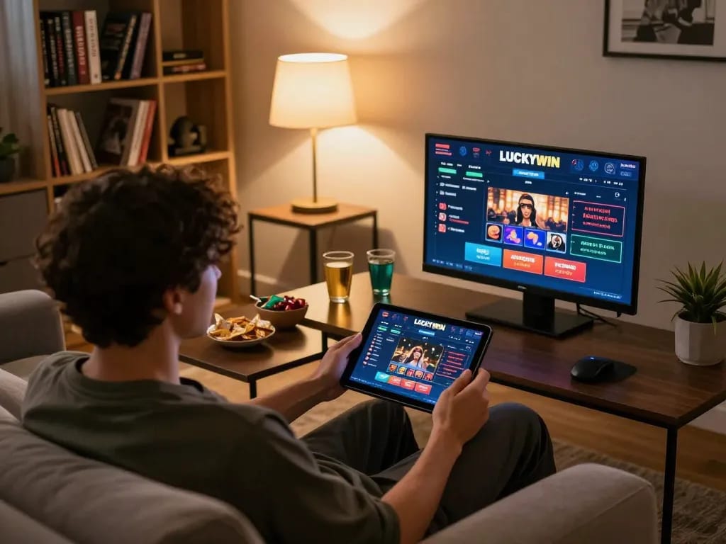 LUCKYWIN online casino displayed on a tablet in a cozy home gaming setup.