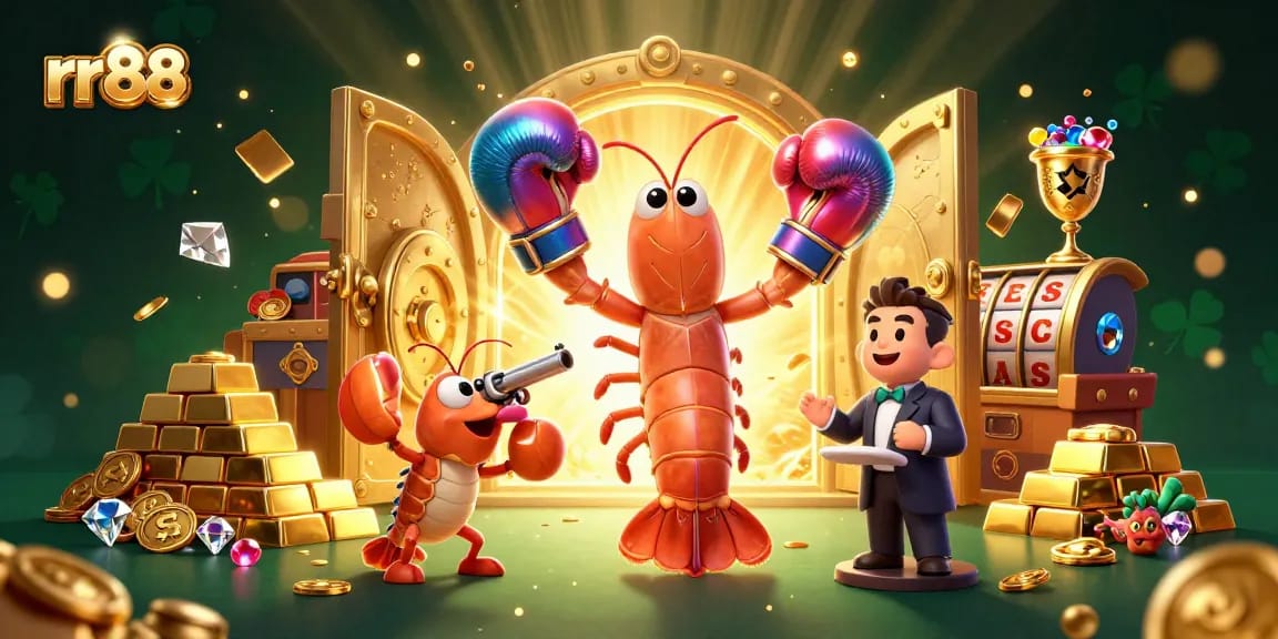 rr88 showcases a vibrant casino scene with shrimp characters amidst treasures, symbolizing winning opportunities.