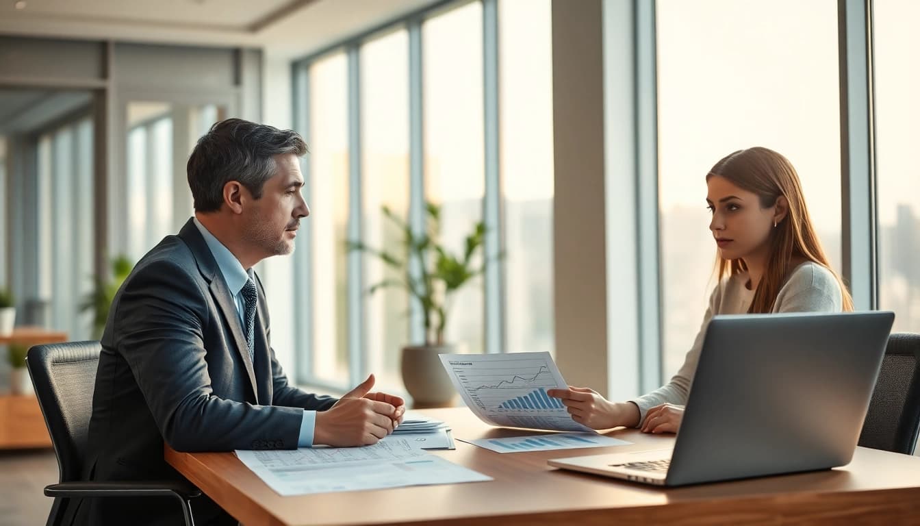 Consulente finanziario che discute della Legge 3 a chi rivolgersi con un cliente in un ufficio moderno.