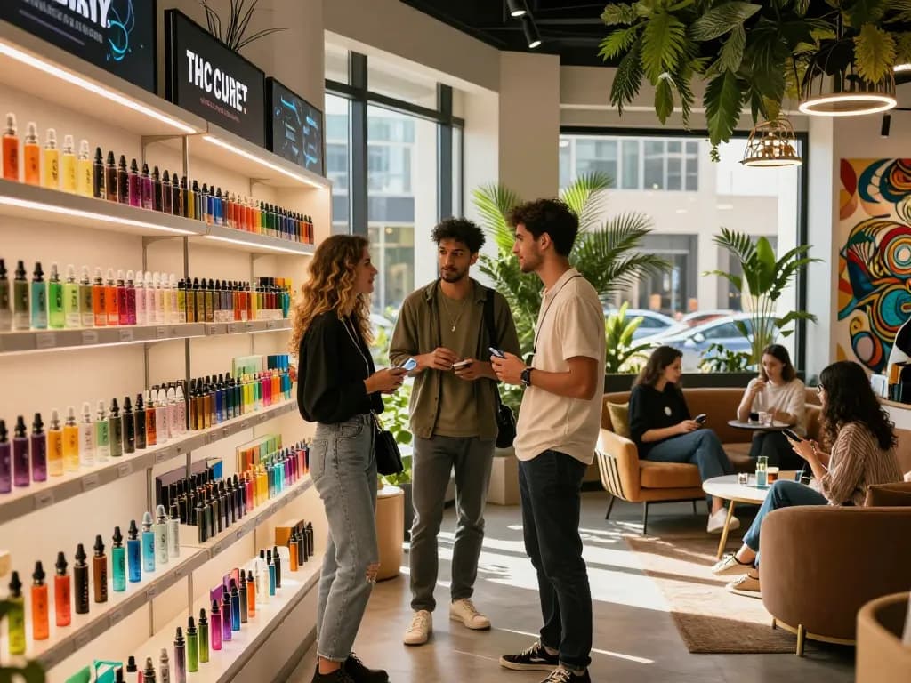 Where can I buy marijuana in Dubai? Young adults examining THC vapes in a stylish Dubai shop, lively atmosphere.