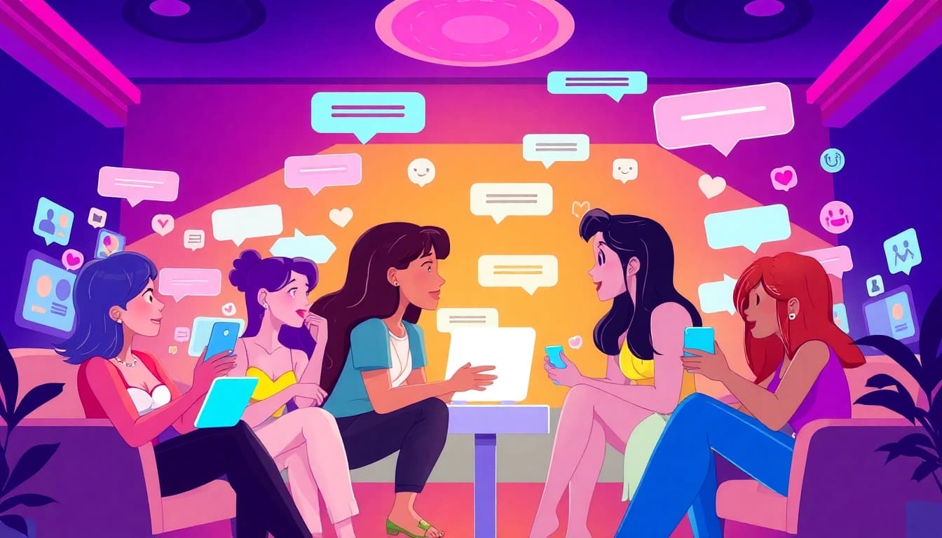 Interactive sexchat scene with dynamic characters in a colorful chat room