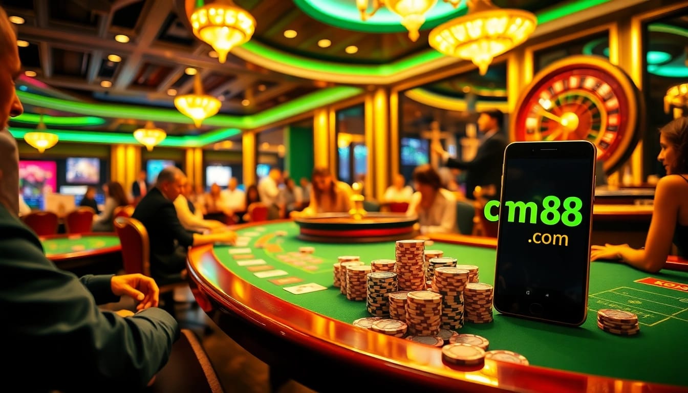 Exciting casino atmosphere featuring cm88.com gaming action, players at tables with chips and cards.