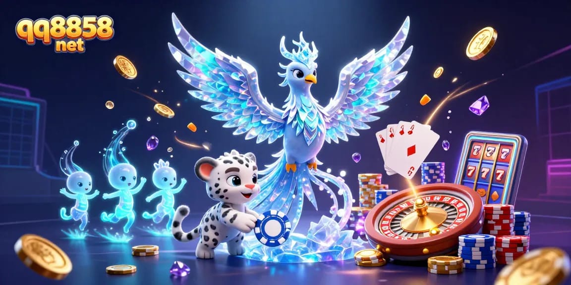 Engage with qq8858 net's thrilling casino experience featuring vibrant 3D characters amidst sparkling game elements.