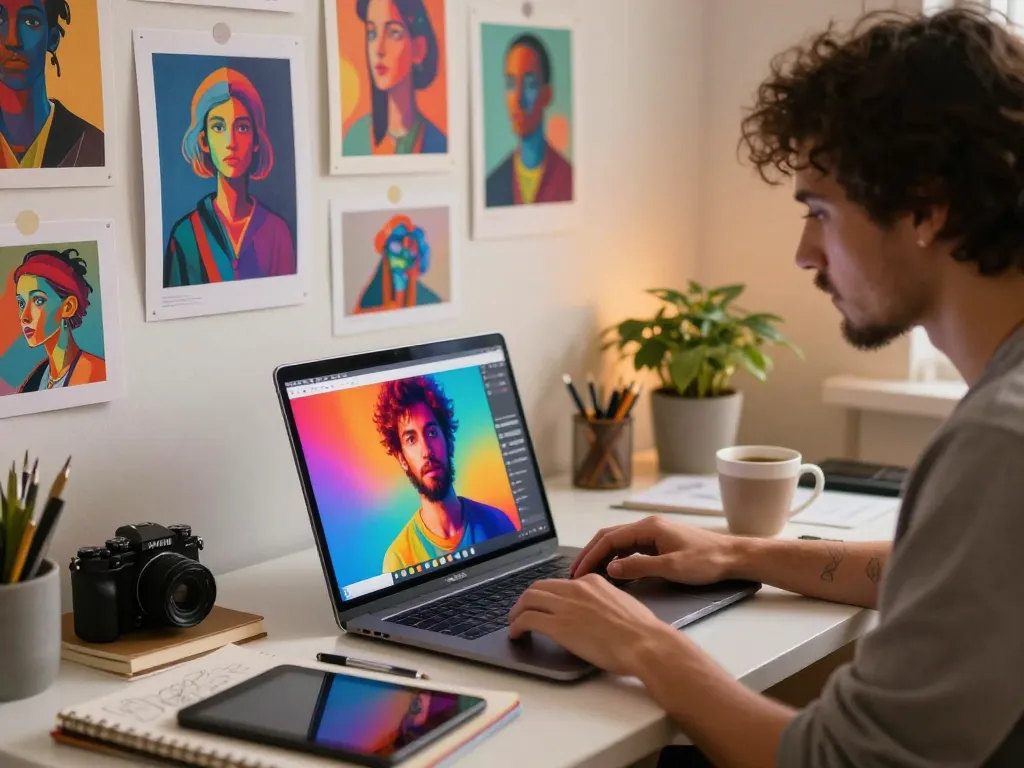 Artist using the image to prompt tool on a laptop in a vibrant digital workspace.