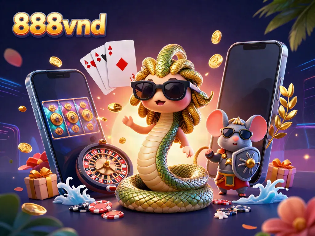 Experience the excitement of 888vnd with Medusa and a warrior mouse surrounded by vibrant casino elements.