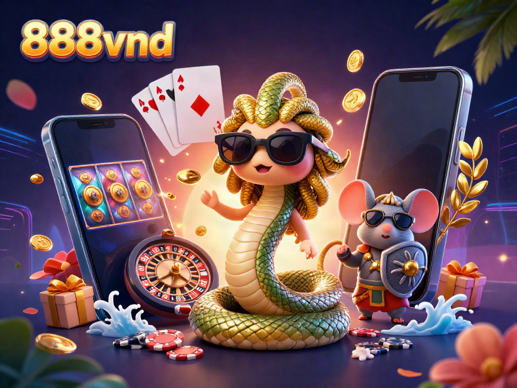 Experience the excitement of 888vnd with Medusa and a warrior mouse surrounded by vibrant casino elements.