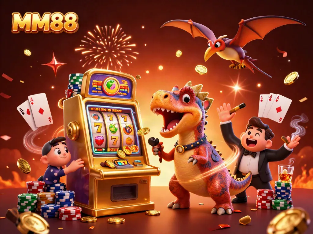 Witness the MM88 pachycephalosaurus jackpot at a casino with vibrant slot machine action.