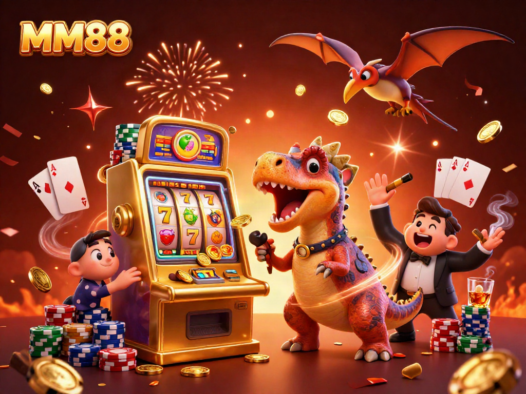 Witness the MM88 pachycephalosaurus jackpot at a casino with vibrant slot machine action.